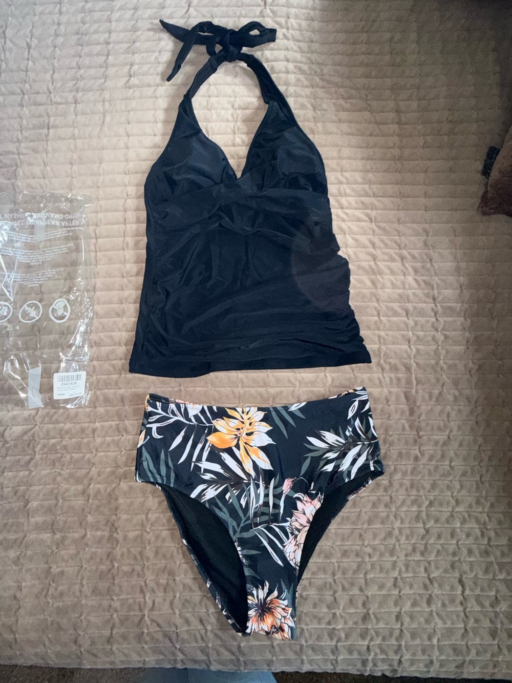Black Halter Tankini Top with Tropical Floral High-Waist Bottoms